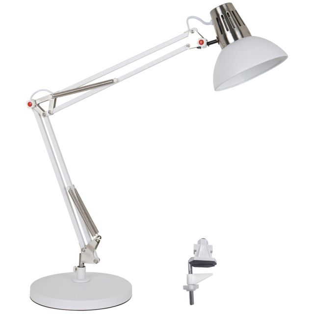 Flexo decorativo de sobremesa blanco y niquel Drass con base y pinza E27 205x720mm. (Ledesma 21001)