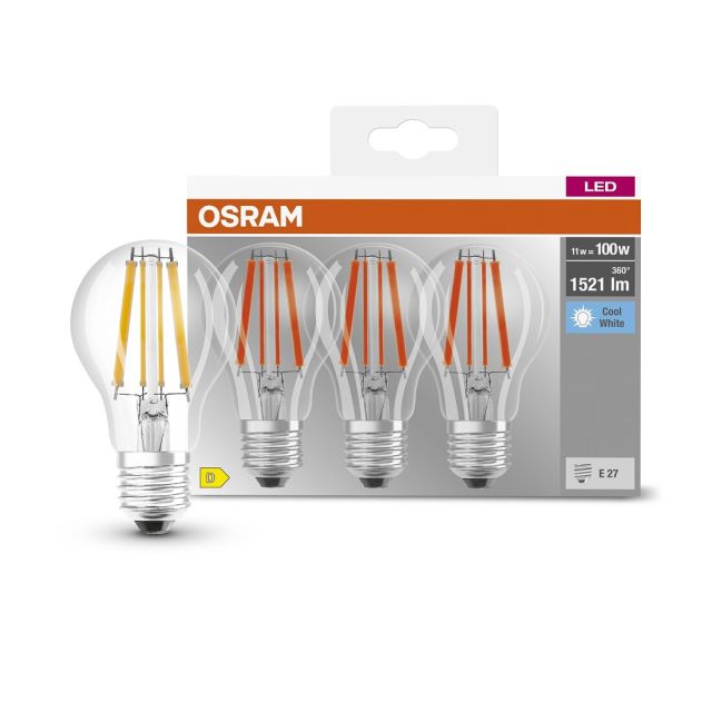 Pack de 3 lámparas estándar cristal Led clara E27 11W 4000K (Osram 592391)