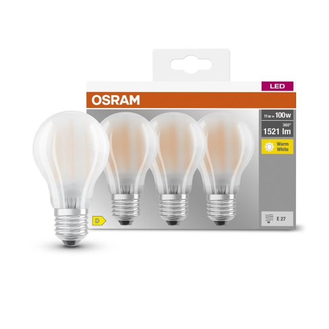 Pack de 3 lámparas estándar cristal Led mate E27 11W 2700K (Osram 592513)