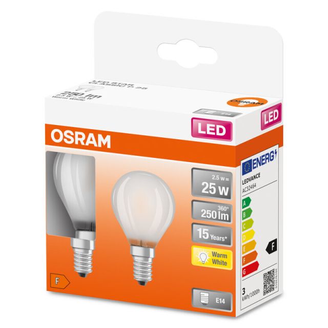 Pack de 2 lámparas esféricas cristal Led  mate E14 2,5W 2700K (Osram 289673)