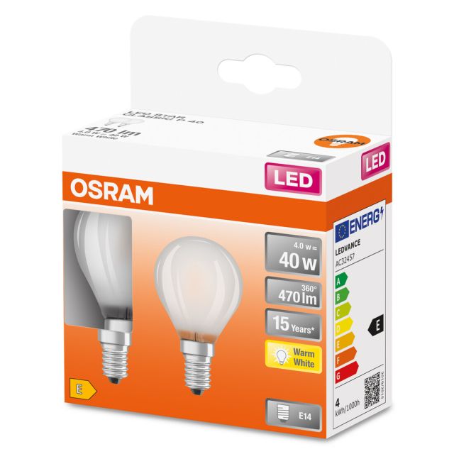 Pack de 2 lámparas esféricas fil Led mate Retrofit  E14 4W 2700K (Osram 132894)