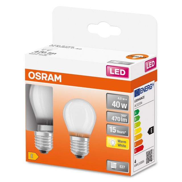 Pack de 2 lámparas esféricas fil Led mate Retrofit  E27 4W 2700K (Osram 153660)