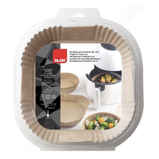 Bandejas cuadradas de papel para freidora de aire 50 u. 28 x 30 x 5,5 cm.  (Ibili 688520)